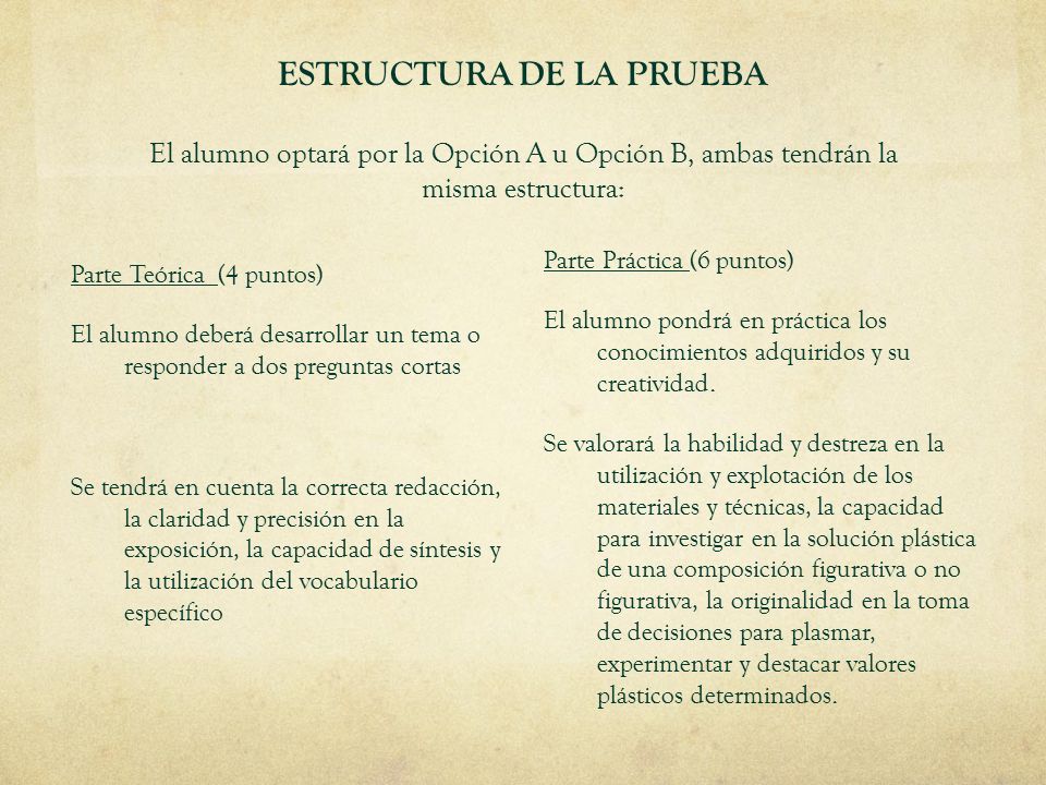 ESTRUCTURA DE LA PRUEBA El alumno optará por la Opción A u Opción B, ambas tendrán la misma estructura: