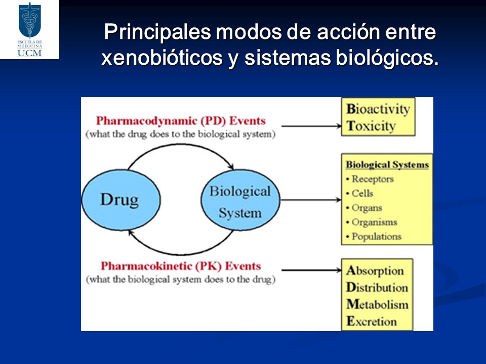 Principales modos de acción entre xenobióticos y sistemas biológicos.