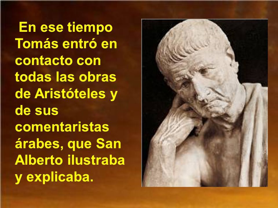 En ese tiempo Tomás entró en contacto con todas las obras de Aristóteles y de sus comentaristas árabes, que San Alberto ilustraba y explicaba.