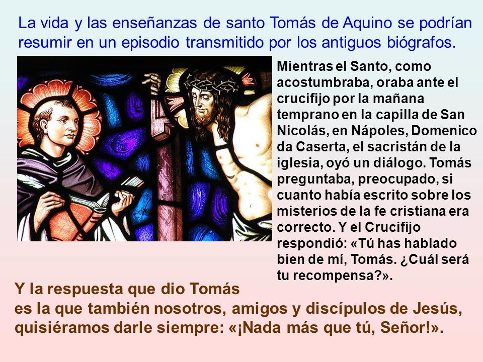 La vida y las enseñanzas de santo Tomás de Aquino se podrían resumir en un episodio transmitido por los antiguos biógrafos.