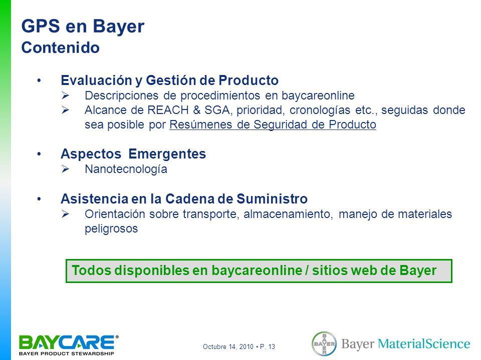 GPS en Bayer Contenido Evaluación y Gestión de Producto