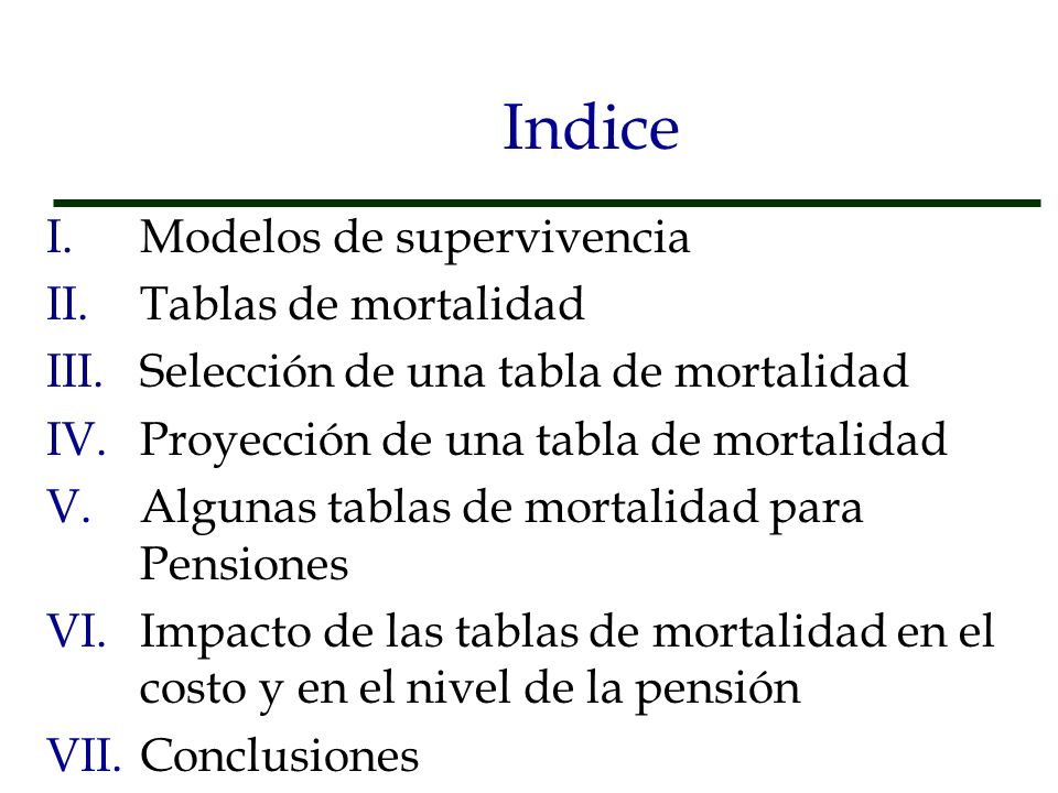 Indice Modelos de supervivencia Tablas de mortalidad