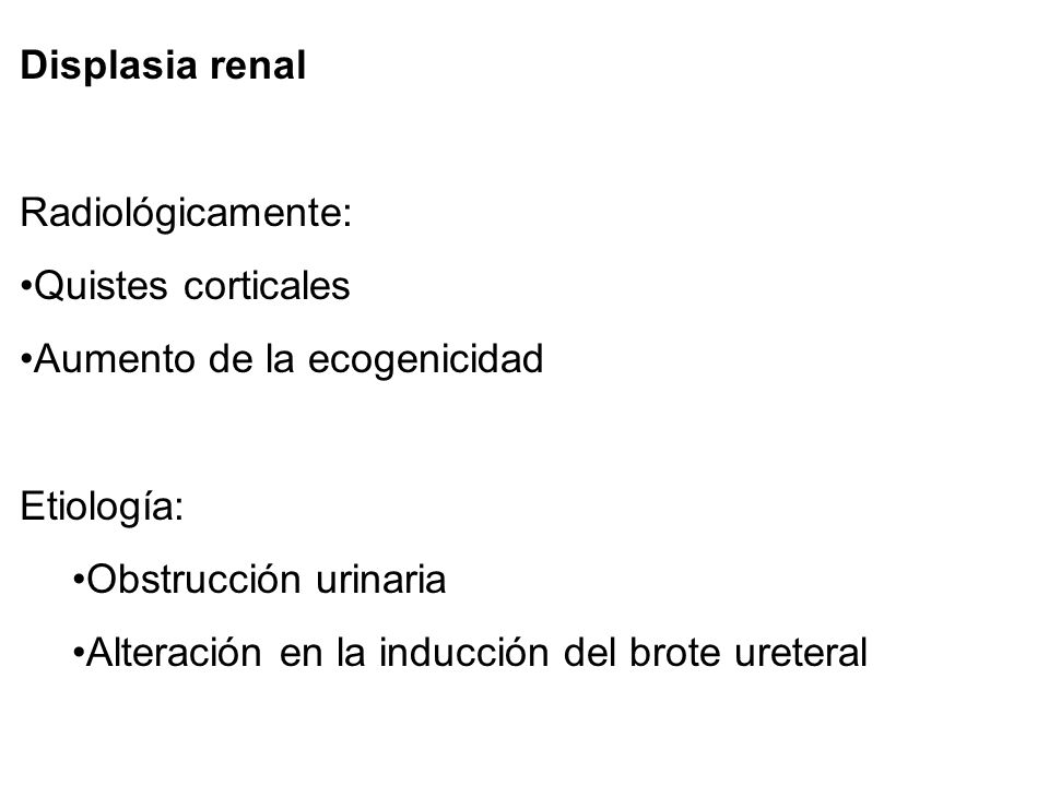 Displasia renal Radiológicamente: Quistes corticales. Aumento de la ecogenicidad. Etiología: Obstrucción urinaria.
