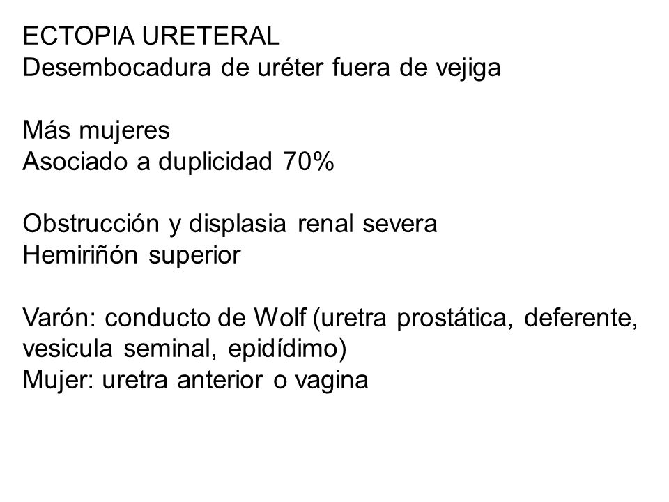 ECTOPIA URETERAL Desembocadura de uréter fuera de vejiga. Más mujeres. Asociado a duplicidad 70% Obstrucción y displasia renal severa.