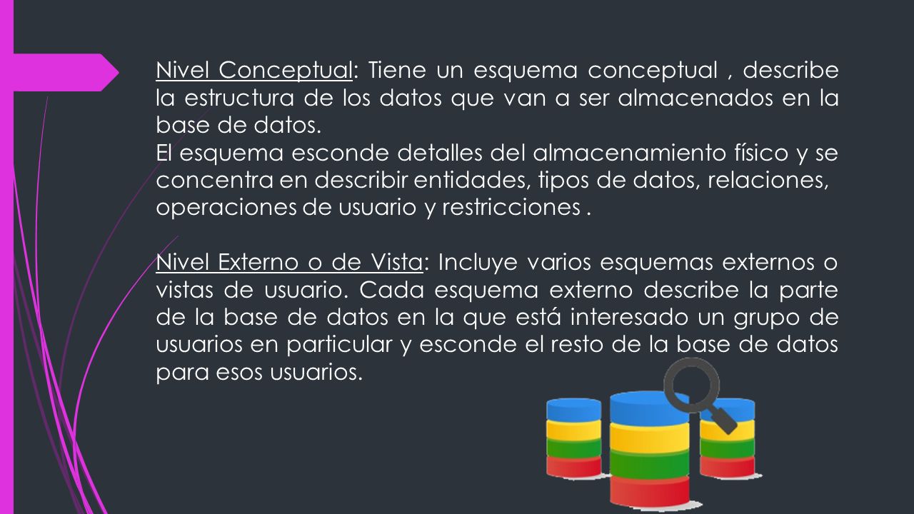 Nivel Conceptual: Tiene un esquema conceptual , describe la estructura de los datos que van a ser almacenados en la base de datos.