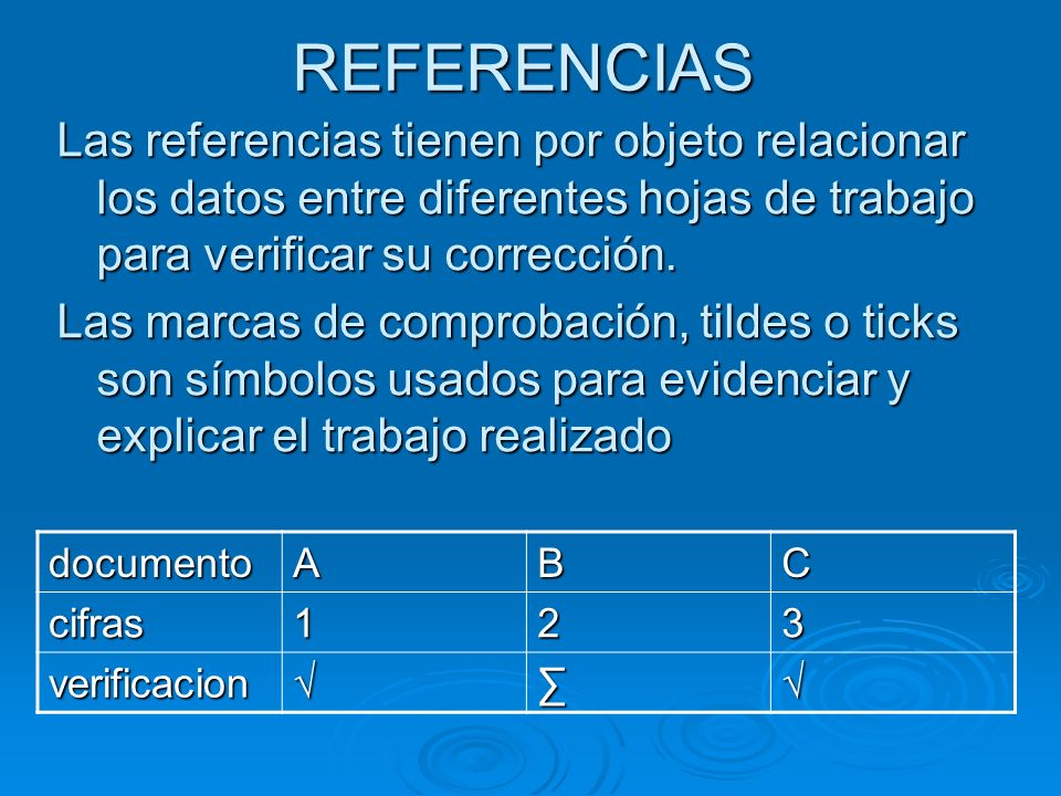 REFERENCIAS Las referencias tienen por objeto relacionar los datos entre diferentes hojas de trabajo para verificar su corrección.