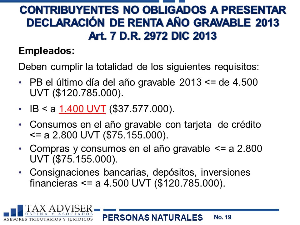 CONTRIBUYENTES NO OBLIGADOS A PRESENTAR DECLARACIÓN DE RENTA AÑO GRAVABLE 2013