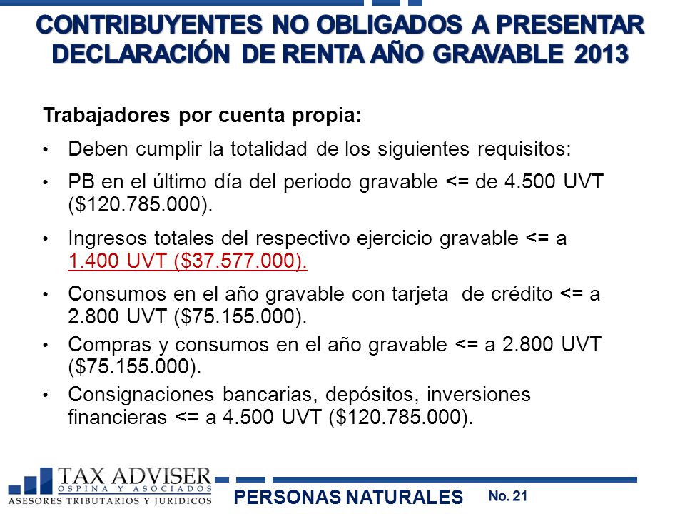 CONTRIBUYENTES NO OBLIGADOS A PRESENTAR DECLARACIÓN DE RENTA AÑO GRAVABLE 2013