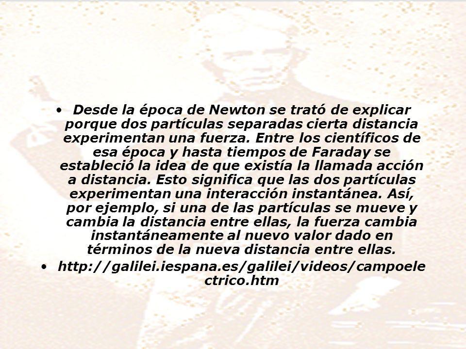 Desde la época de Newton se trató de explicar porque dos partículas separadas cierta distancia experimentan una fuerza. Entre los científicos de esa época y hasta tiempos de Faraday se estableció la idea de que existía la llamada acción a distancia. Esto significa que las dos partículas experimentan una interacción instantánea. Así, por ejemplo, si una de las partículas se mueve y cambia la distancia entre ellas, la fuerza cambia instantáneamente al nuevo valor dado en términos de la nueva distancia entre ellas.