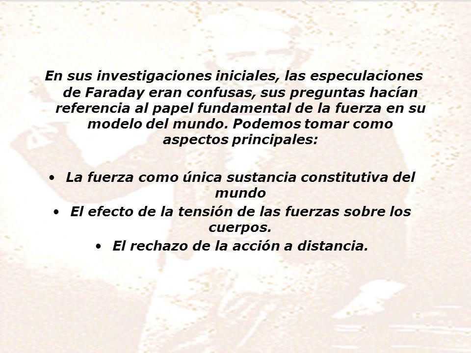 En sus investigaciones iniciales, las especulaciones de Faraday eran confusas, sus preguntas hacían referencia al papel fundamental de la fuerza en su modelo del mundo. Podemos tomar como aspectos principales:
