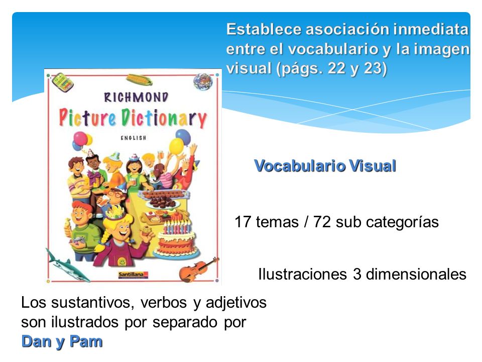Establece asociación inmediata entre el vocabulario y la imagen visual (págs. 22 y 23)