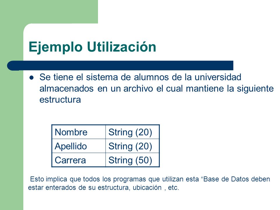 Ejemplo Utilización Se tiene el sistema de alumnos de la universidad almacenados en un archivo el cual mantiene la siguiente estructura.