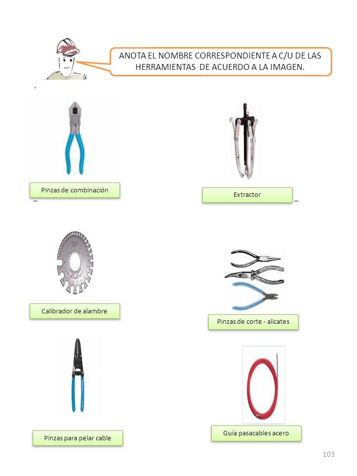 ANOTA EL NOMBRE CORRESPONDIENTE A C/U DE LAS HERRAMIENTAS DE ACUERDO A LA IMAGEN.