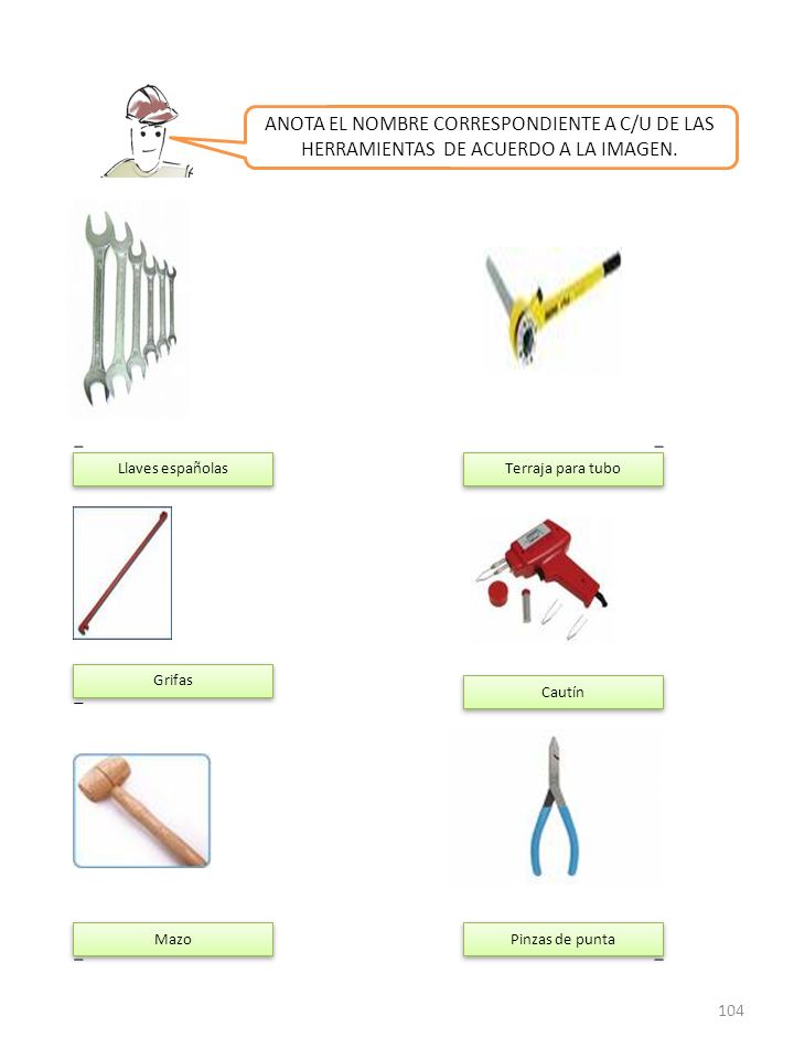 ANOTA EL NOMBRE CORRESPONDIENTE A C/U DE LAS HERRAMIENTAS DE ACUERDO A LA IMAGEN.