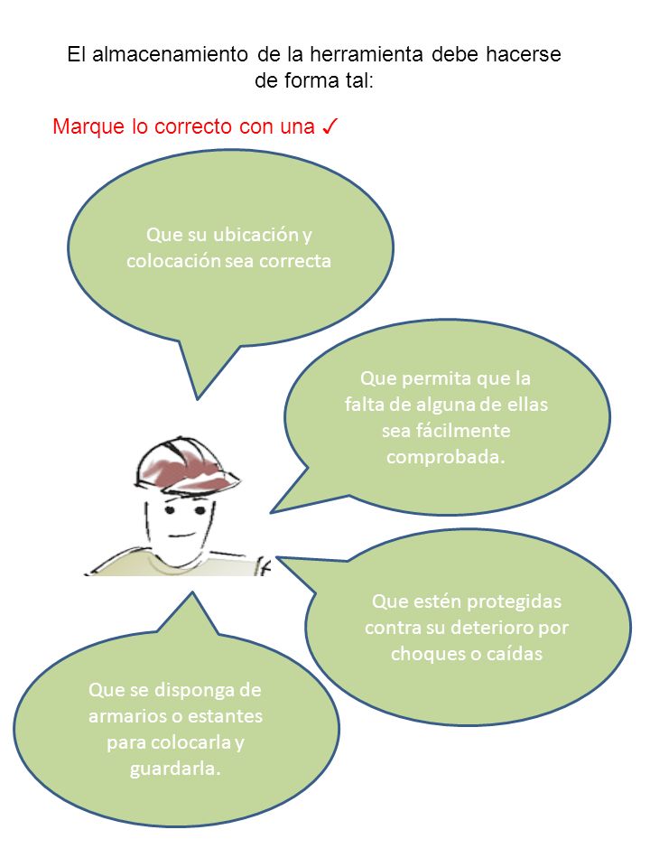El almacenamiento de la herramienta debe hacerse de forma tal:
