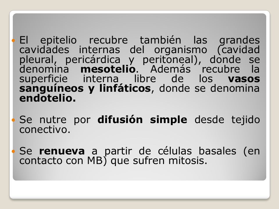 El epitelio recubre también las grandes cavidades internas del organismo (cavidad pleural, pericárdica y peritoneal), donde se denomina mesotelio. Además recubre la superficie interna libre de los vasos sanguíneos y linfáticos, donde se denomina endotelio.