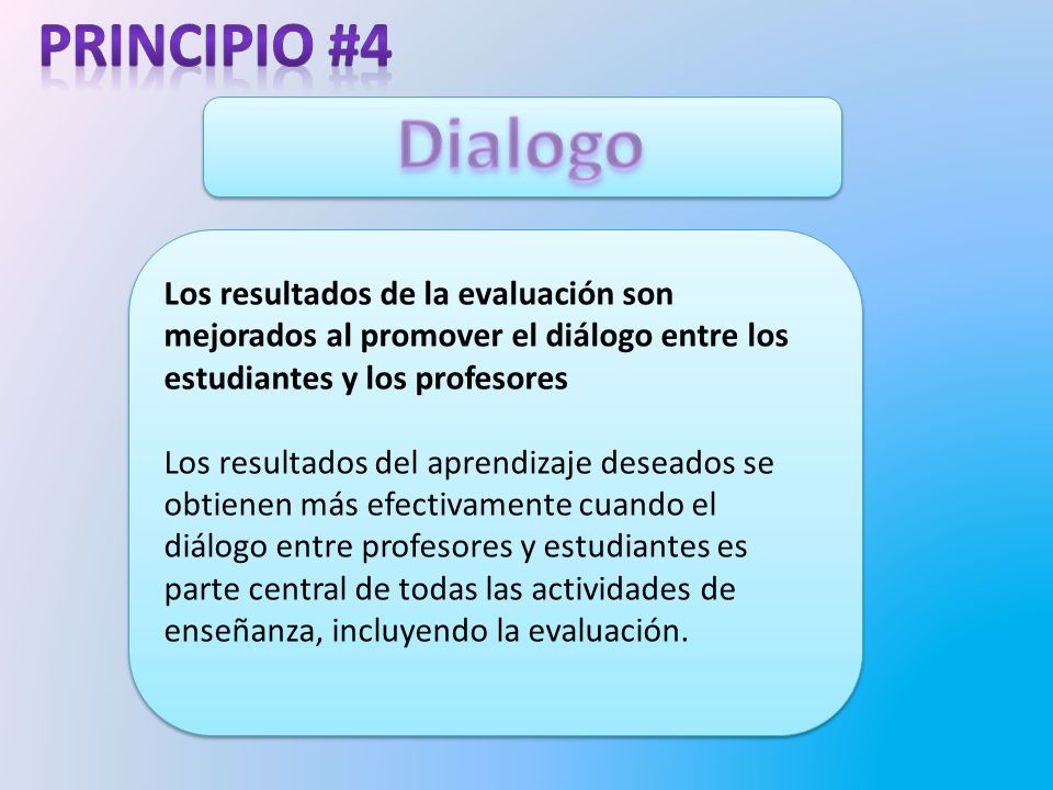 Principio #4 Dialogo. Los resultados de la evaluación son mejorados al promover el diálogo entre los estudiantes y los profesores.