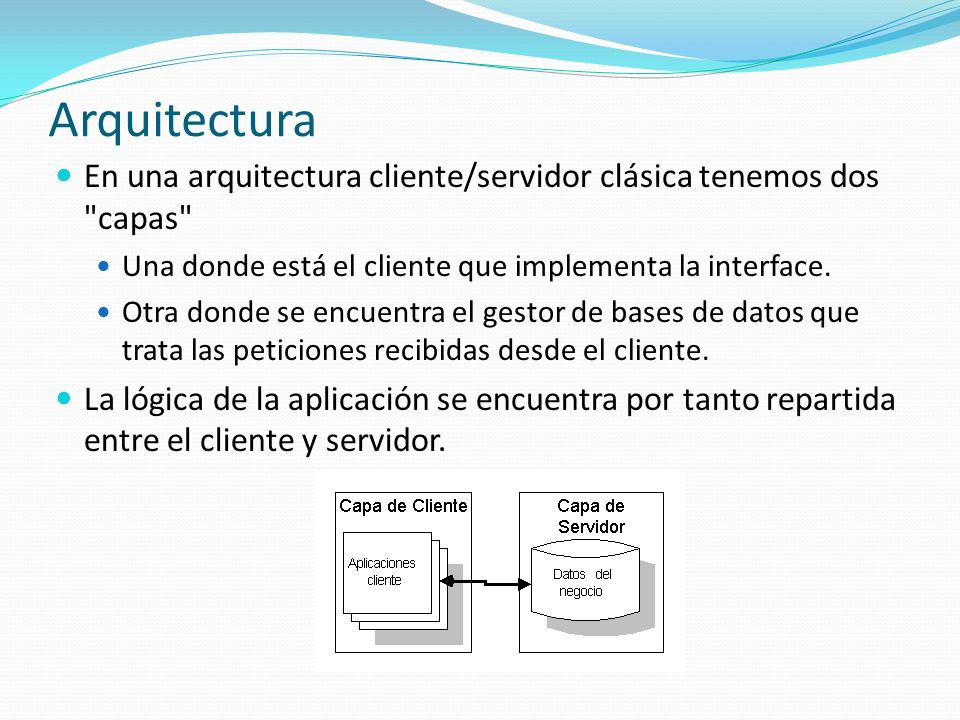 Arquitectura En una arquitectura cliente/servidor clásica tenemos dos capas Una donde está el cliente que implementa la interface.