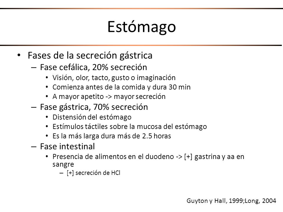 Estómago Fases de la secreción gástrica Fase cefálica, 20% secreción