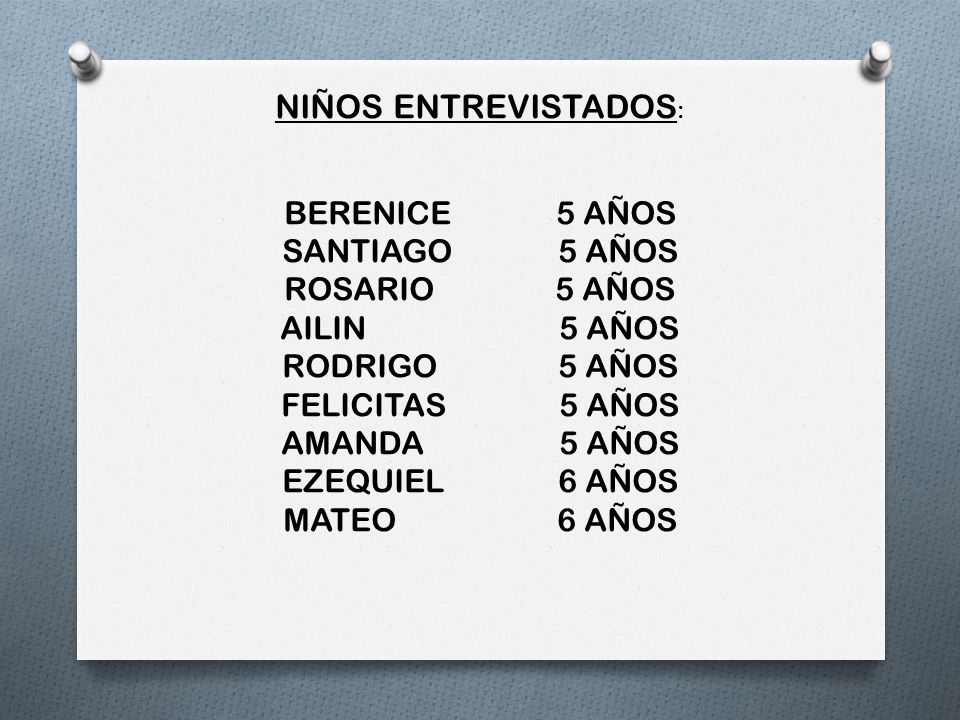 NIÑOS ENTREVISTADOS: BERENICE 5 AÑOS SANTIAGO 5 AÑOS ROSARIO 5 AÑOS