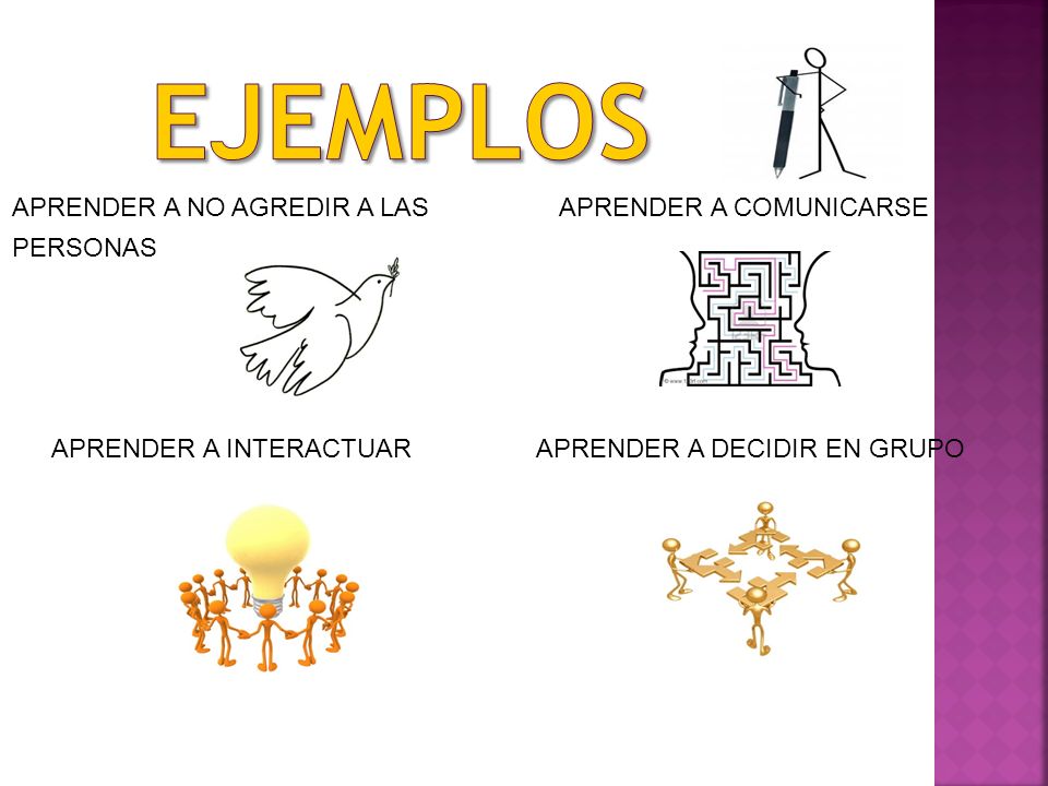 ejemplos APRENDER A NO AGREDIR A LAS APRENDER A COMUNICARSE PERSONAS APRENDER A INTERACTUAR APRENDER A DECIDIR EN GRUPO