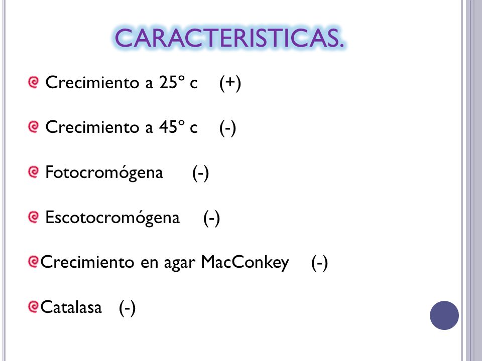 CARACTERISTICAS. Crecimiento a 25º c (+) Crecimiento a 45º c (-)