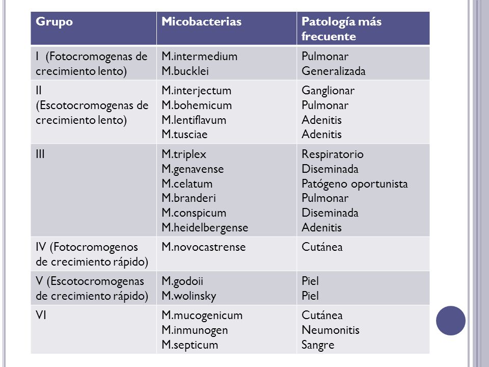 Grupo Micobacterias. Patología más frecuente. I (Fotocromogenas de crecimiento lento) M.intermedium.