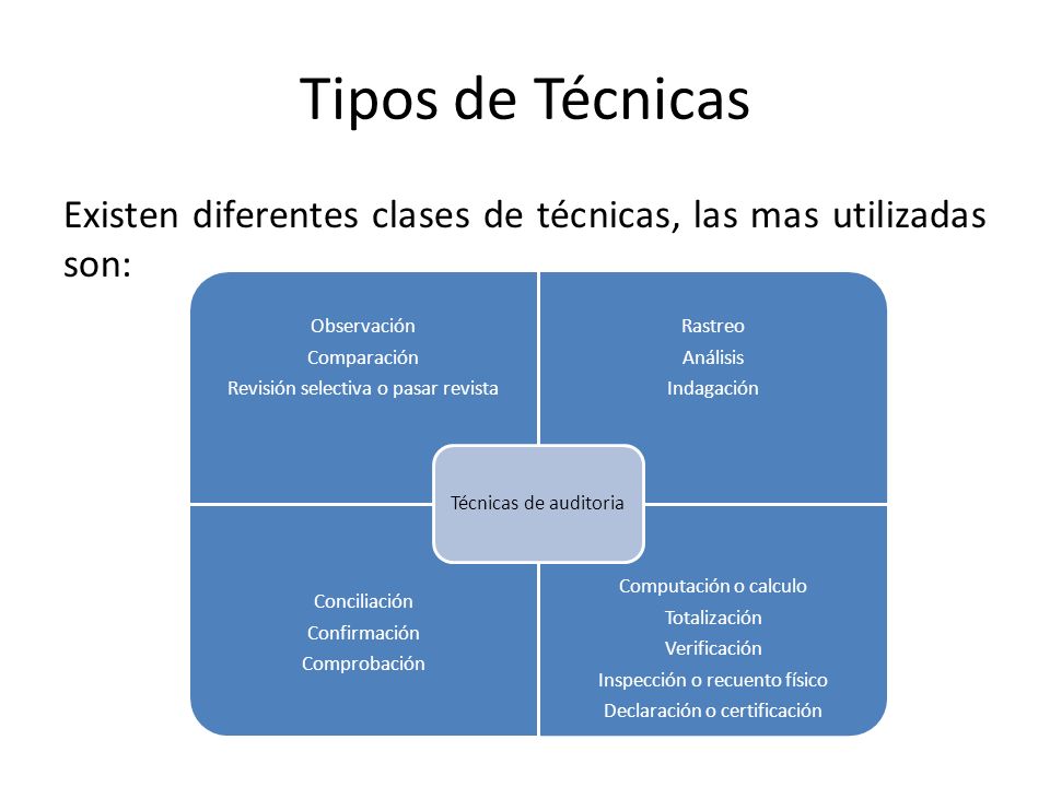 Tipos de Técnicas Existen diferentes clases de técnicas, las mas utilizadas son: Técnicas de auditoria.