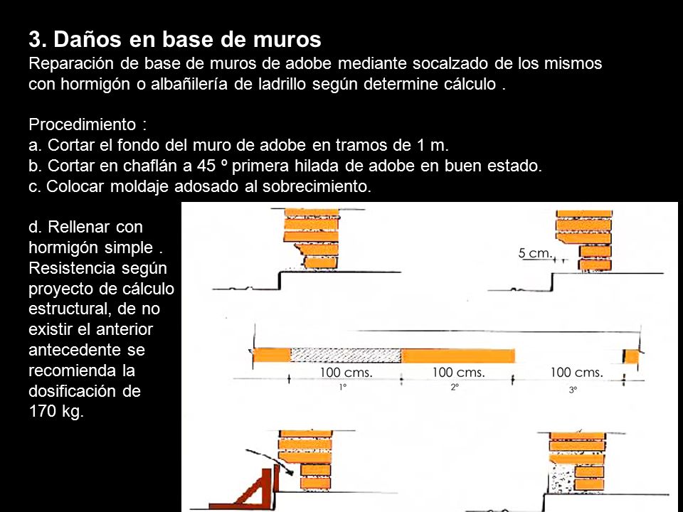 3. Daños en base de muros Reparación de base de muros de adobe mediante socalzado de los mismos.