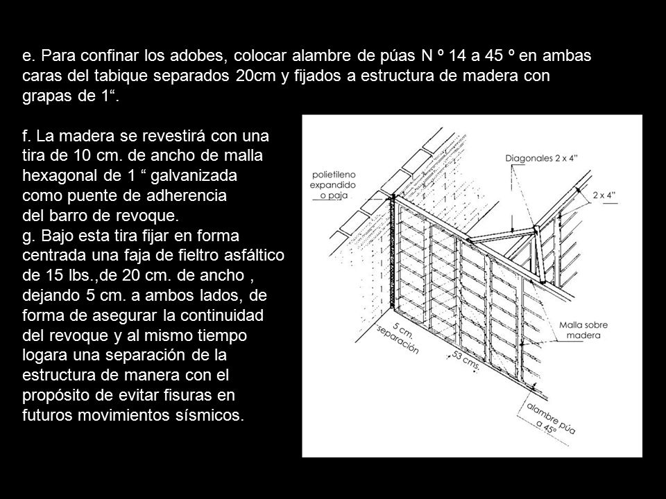 e. Para confinar los adobes, colocar alambre de púas N º 14 a 45 º en ambas