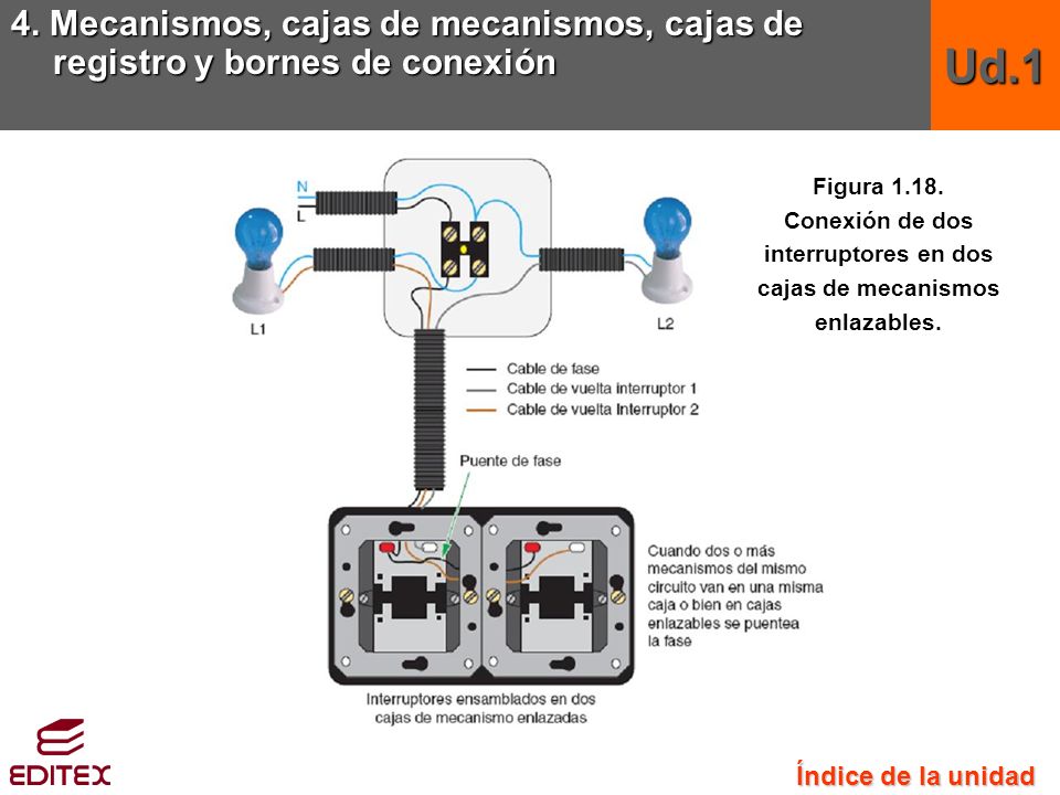 Conexión de dos interruptores en dos cajas de mecanismos enlazables.