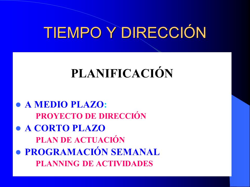 TIEMPO Y DIRECCIÓN PLANIFICACIÓN A MEDIO PLAZO: A CORTO PLAZO