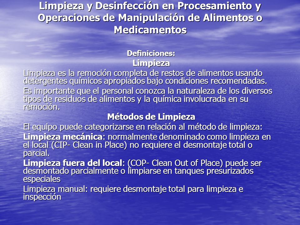 Limpieza y Desinfección en Procesamiento y Operaciones de Manipulación de Alimentos o Medicamentos