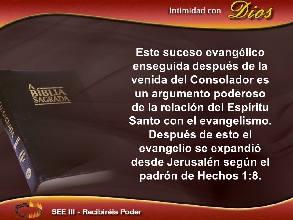 Este suceso evangélico enseguida después de la venida del Consolador es un argumento poderoso de la relación del Espíritu Santo con el evangelismo. Después de esto el evangelio se expandió desde Jerusalén según el padrón de Hechos 1:8.