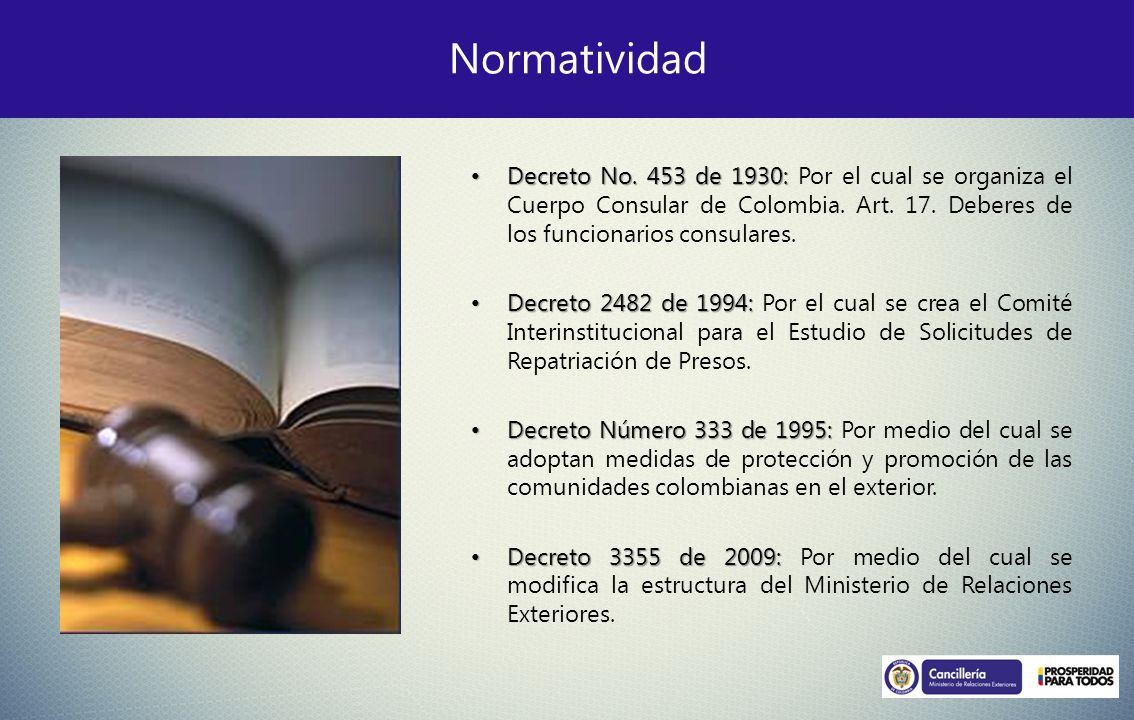 Normatividad Decreto No. 453 de 1930: Por el cual se organiza el Cuerpo Consular de Colombia. Art. 17. Deberes de los funcionarios consulares.