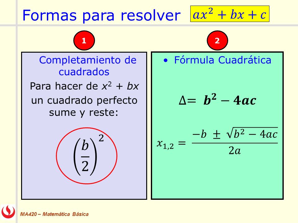 Formas para resolver 𝑏 2 2 𝑎 𝑥 2 +𝑏𝑥+𝑐 ∆= 𝒃 𝟐 −𝟒𝒂𝒄