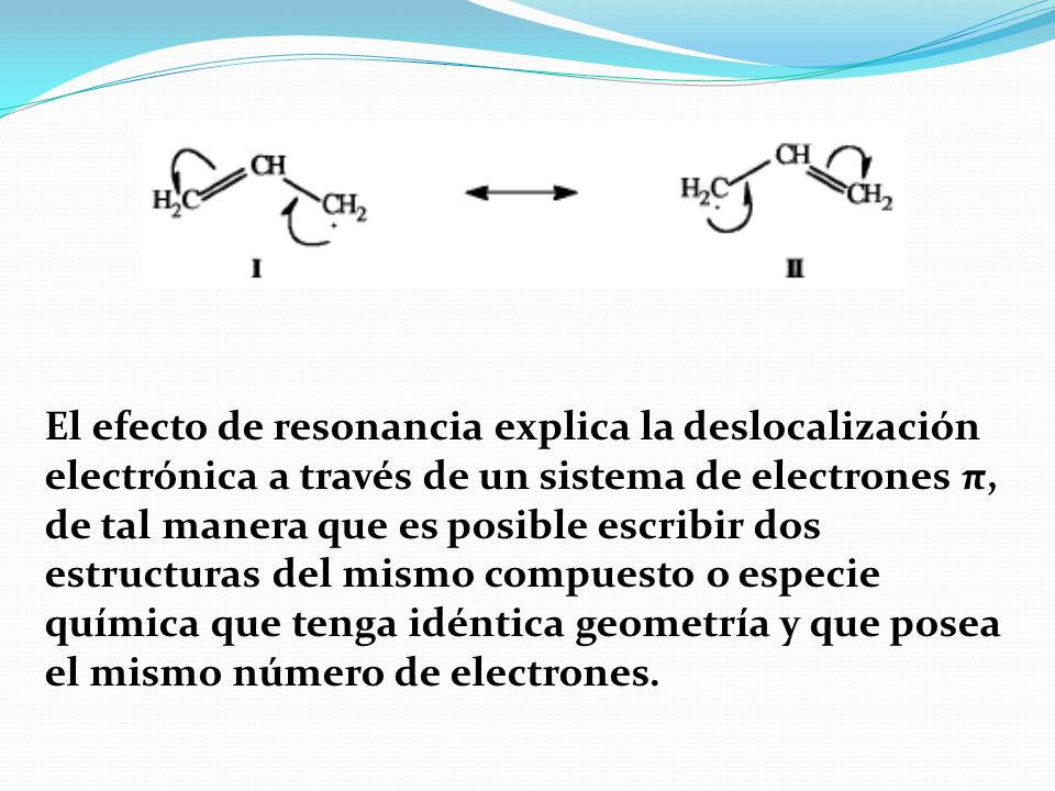 El efecto de resonancia explica la deslocalización electrónica a través de un sistema de electrones π, de tal manera que es posible escribir dos estructuras del mismo compuesto o especie química que tenga idéntica geometría y que posea el mismo número de electrones.