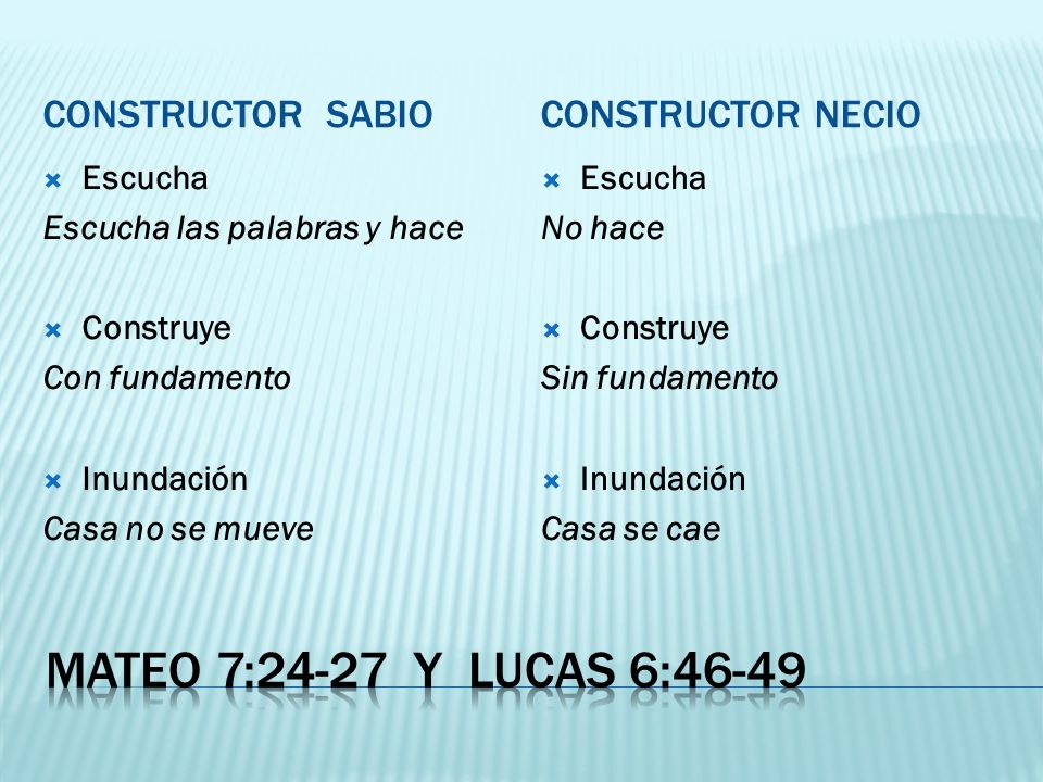 Mateo 7:24-27 y lucas 6:46-49 Constructor sabio Constructor necio