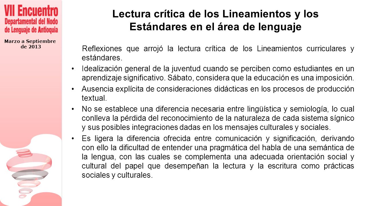 Lectura crítica de los Lineamientos y los Estándares en el área de lenguaje