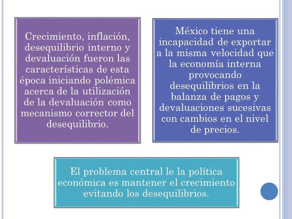 Crecimiento, inflación, desequilibrio interno y devaluación fueron las características de esta época iniciando polémica acerca de la utilización de la devaluación como mecanismo corrector del desequilibrio.