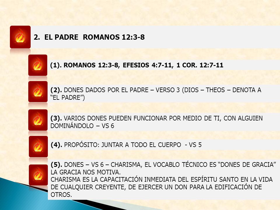 2. EL PADRE ROMANOS 12:3-8 (1). ROMANOS 12:3-8, EFESIOS 4:7-11, 1 COR. 12:7-11. (2). DONES DADOS POR EL PADRE – VERSO 3 (DIOS – THEOS – DENOTA A.
