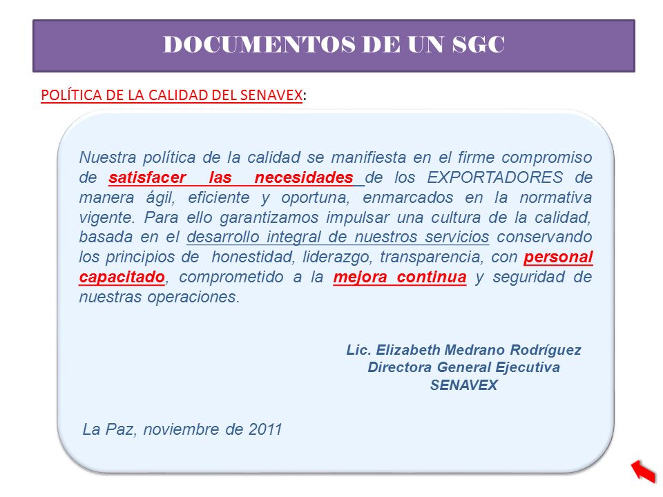 DOCUMENTOS DE UN SGC POLÍTICA DE LA CALIDAD DEL SENAVEX: