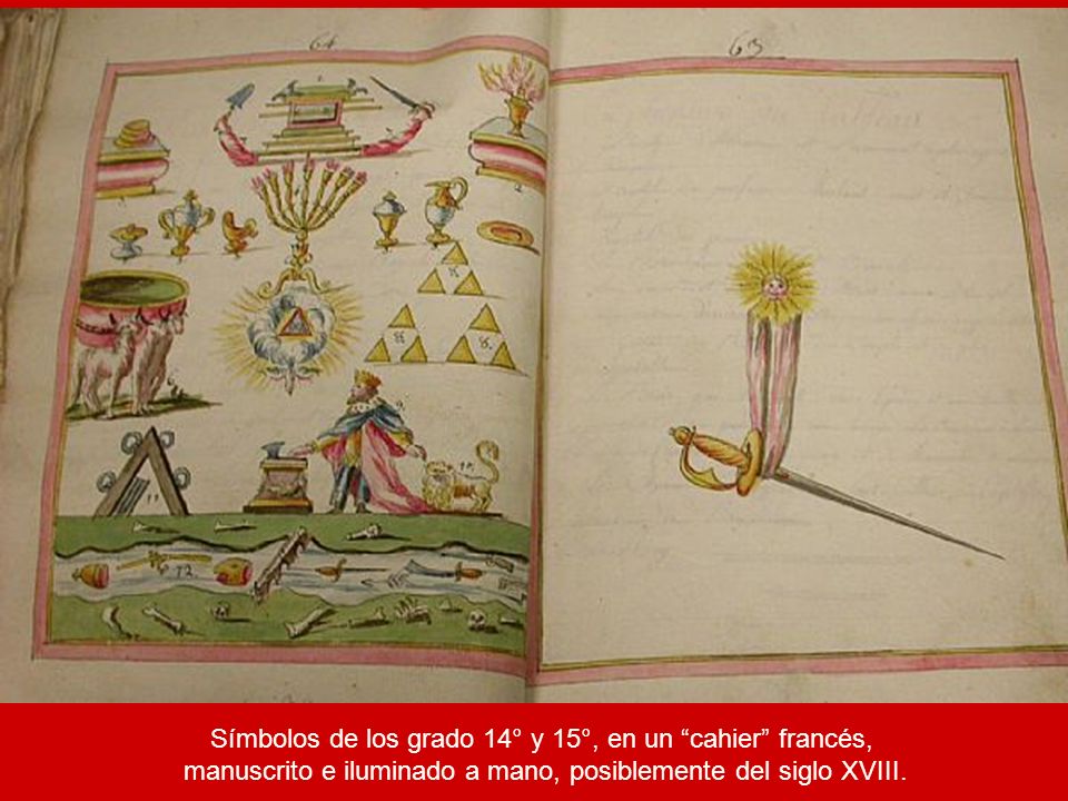 Símbolos de los grado 14° y 15°, en un cahier francés,