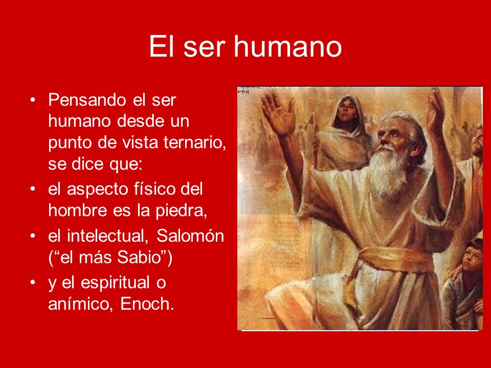 El ser humano Pensando el ser humano desde un punto de vista ternario, se dice que: el aspecto físico del hombre es la piedra,