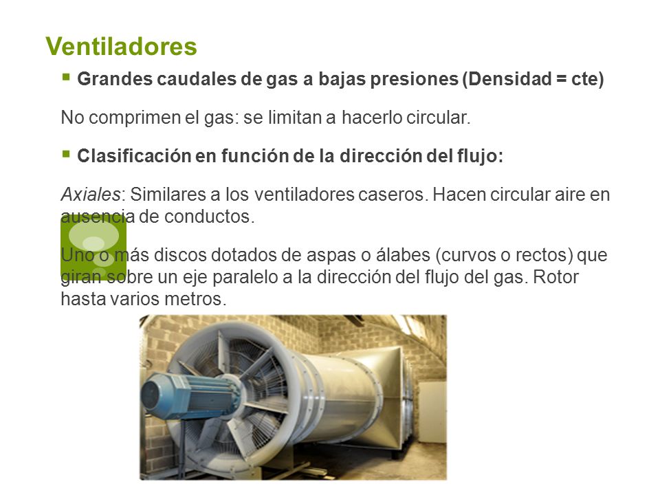 Ventiladores Grandes caudales de gas a bajas presiones (Densidad = cte) No comprimen el gas: se limitan a hacerlo circular.