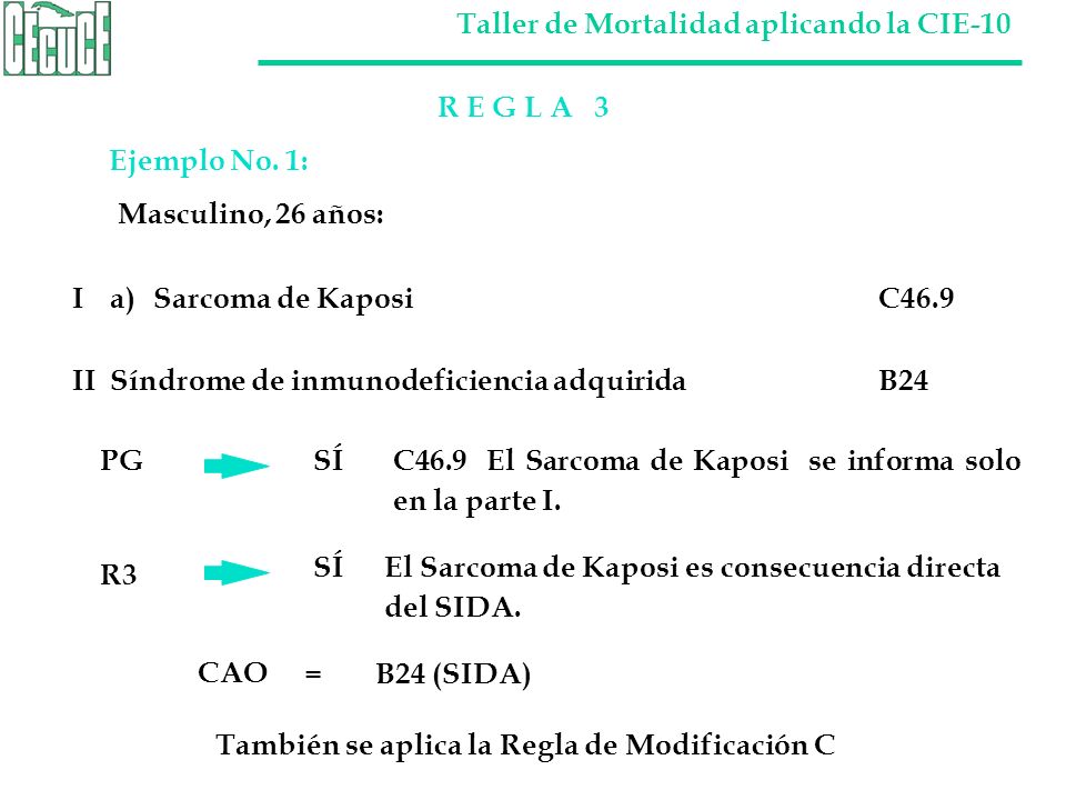 R E G L A 3 Ejemplo No. 1: Masculino, 26 años: I a) Sarcoma de Kaposi C46.9.