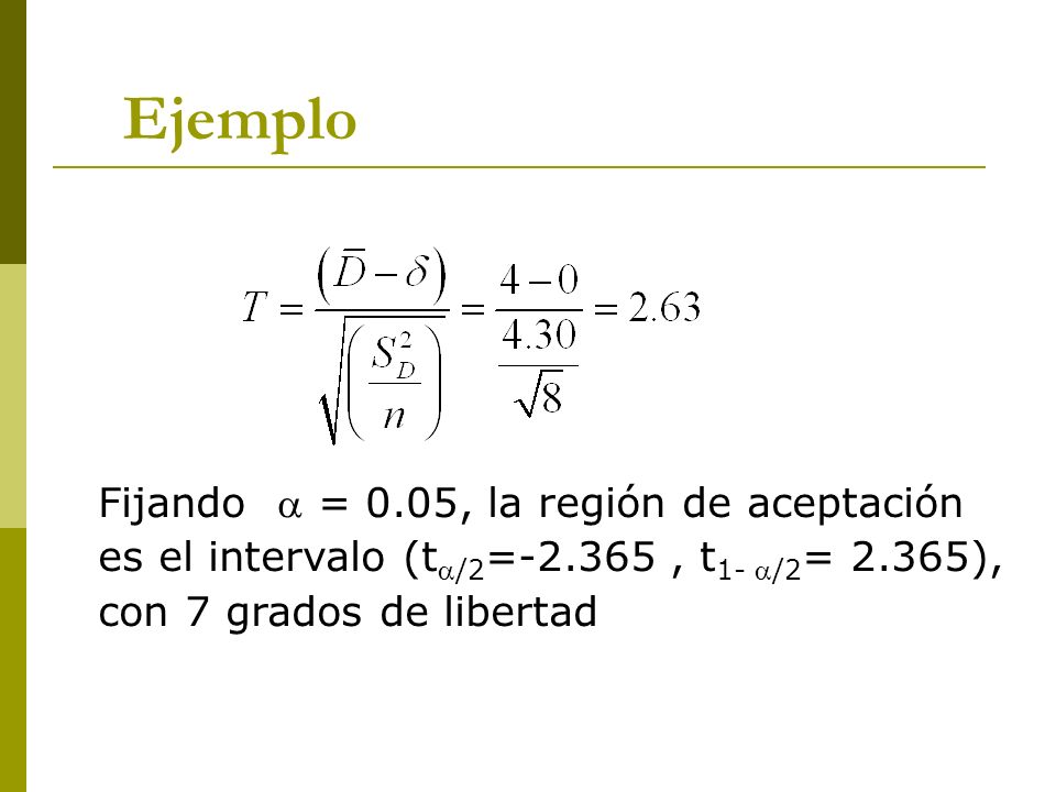 Ejemplo Fijando  = 0.05, la región de aceptación es el intervalo (t/2= , t1- /2= 2.365), con 7 grados de libertad.