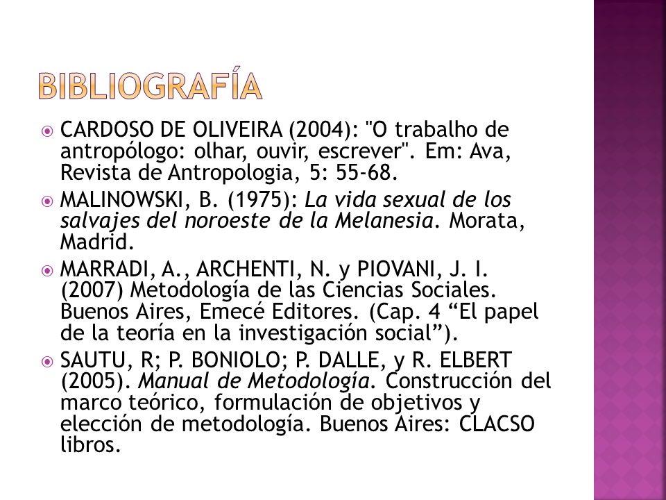 Bibliografía CARDOSO DE OLIVEIRA (2004): O trabalho de antropólogo: olhar, ouvir, escrever . Em: Ava, Revista de Antropologia, 5: