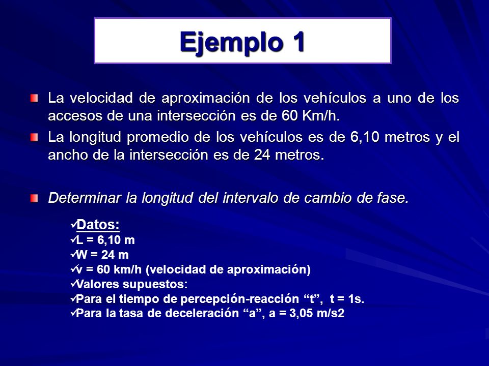 Ejemplo 1 La velocidad de aproximación de los vehículos a uno de los accesos de una intersección es de 60 Km/h.