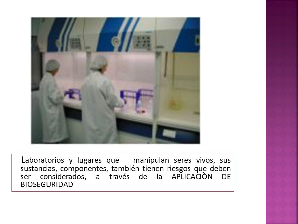 Laboratorios y lugares que manipulan seres vivos, sus sustancias, componentes, también tienen riesgos que deben ser considerados, a través de la APLICACIÒN DE BIOSEGURIDAD
